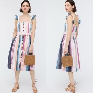 J Crew Button Up Midi Dress Stripe Linen